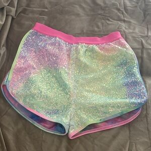 Iridescent Sequin Athletic Shorts with Pink Waistband